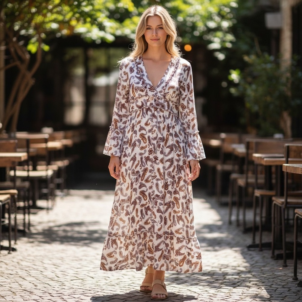 Bohera Maxi Dress L Wht Paisley Cotton Boho Flared Bell Sleeve V-Neck Whimsical